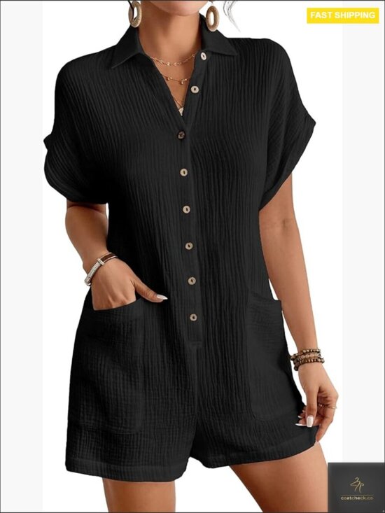 Pants - Cotton Button Down Romper Short Sleeve Casual Summer Jumpsuit With Pockets